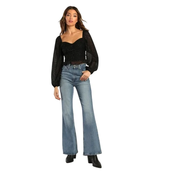 Lulu's Totally Charmed Black Ruched Clip Dot Balloon Sleeve Top Size Small - Picture 3 of 8